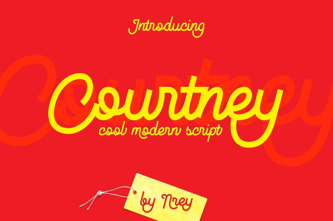 Yellow lettering "Courtney" in modern script font on a red background.