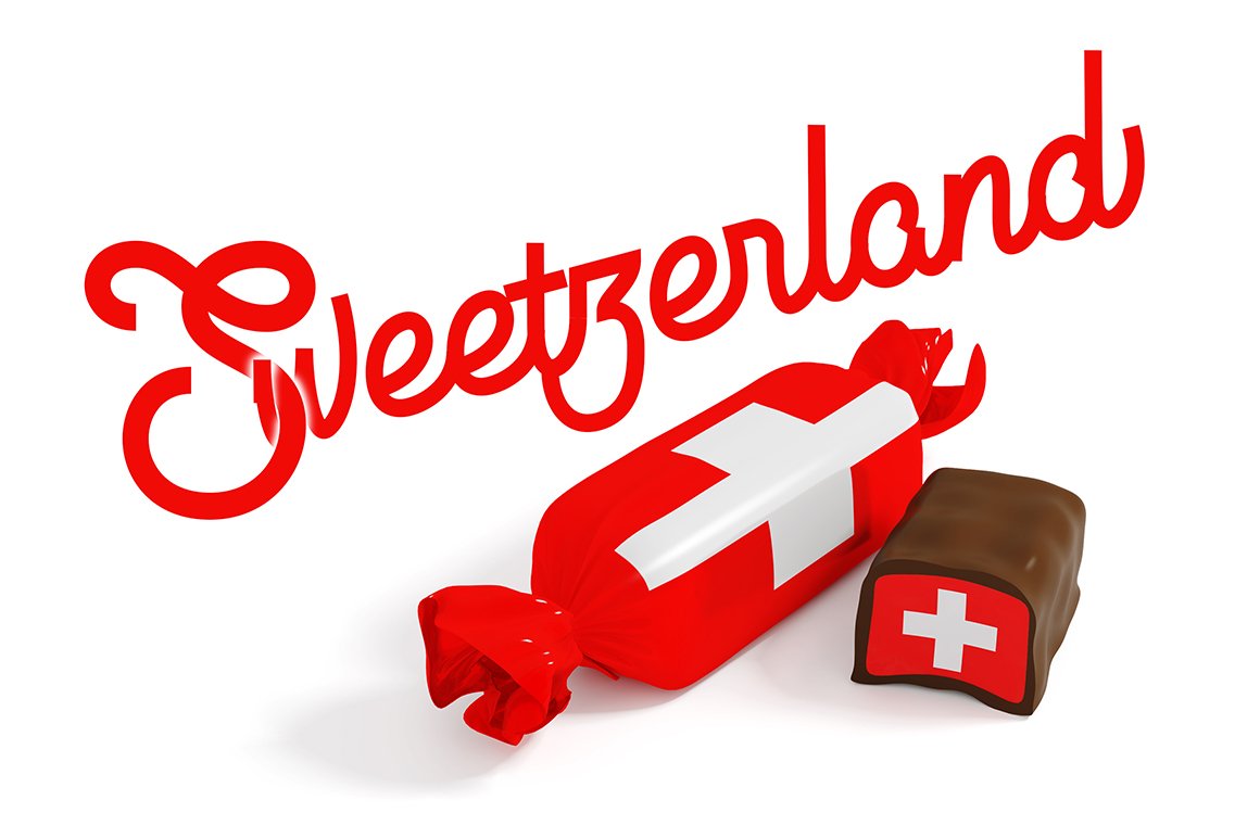 Red lettering "Sweetzerland" and illustration of candy on a white background.