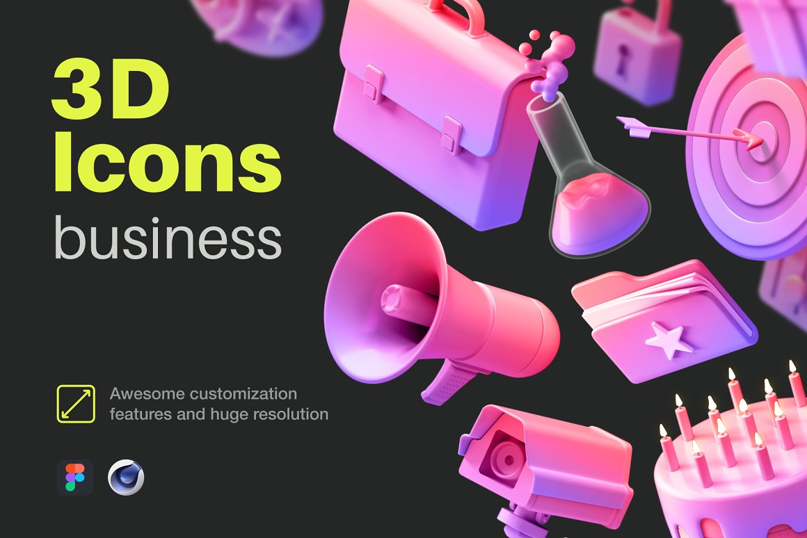 Yellow and white lettering "3D Icons Business" on a black background with pink-purple gradient icons.
