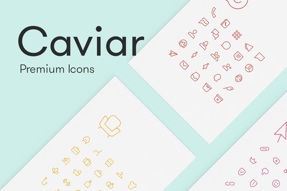 Black lettering "Caviar Premium Icons" and different red, yellow and pink packs of icons on a light blue background.