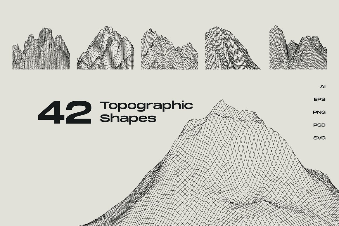 Black lettering "42 Topographic Shapes" and different examples of topographic shapes on a gray background.