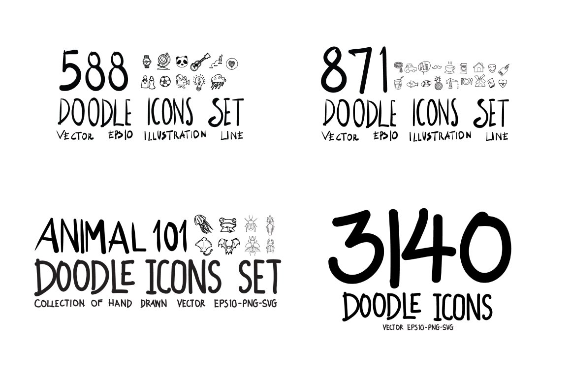 Black lettering "588 doodle icons set", "871 doodle icons set", "Animal 101 doodle icons set" and "3140 doodle icons" on a white background.