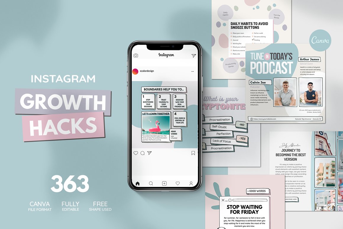 Iphone mockup with Instagram growth hacks on a light blue background.