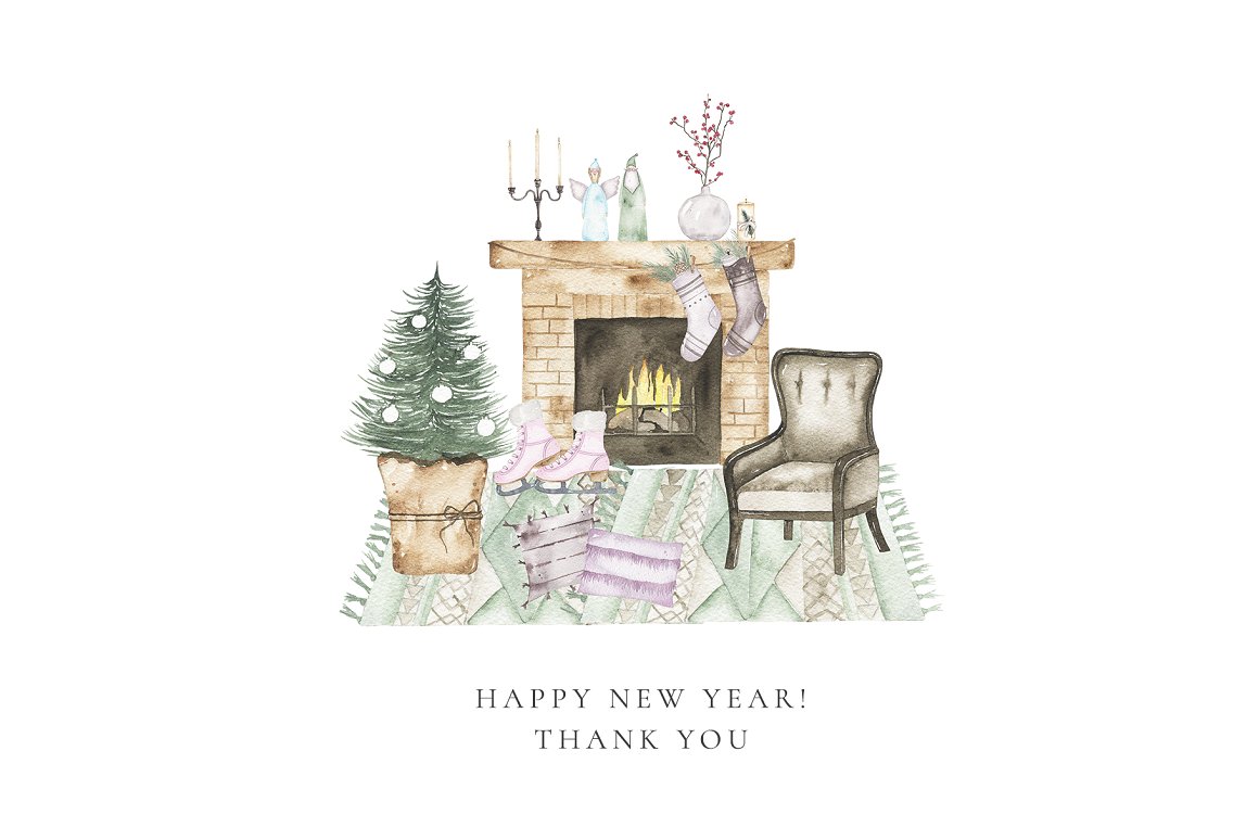 Illustration of a christmas mood and black lettering "Happy New Year! Thank you" on a white background.