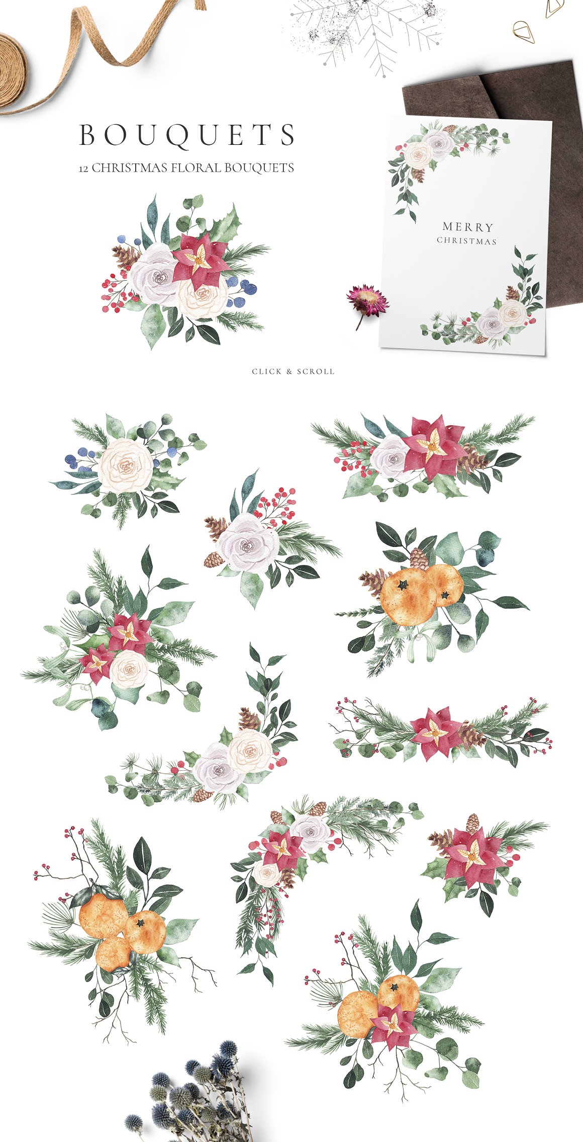 A set of different floral bouquets on a white background.