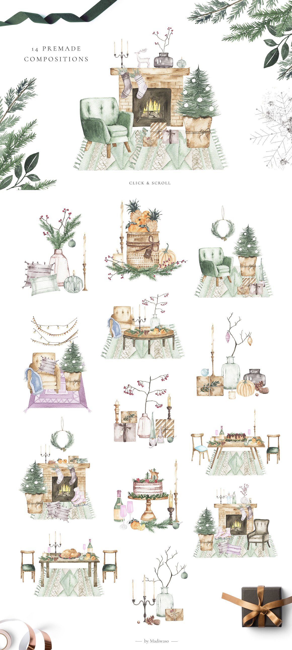 Clipart of christmas compositions on a white background.