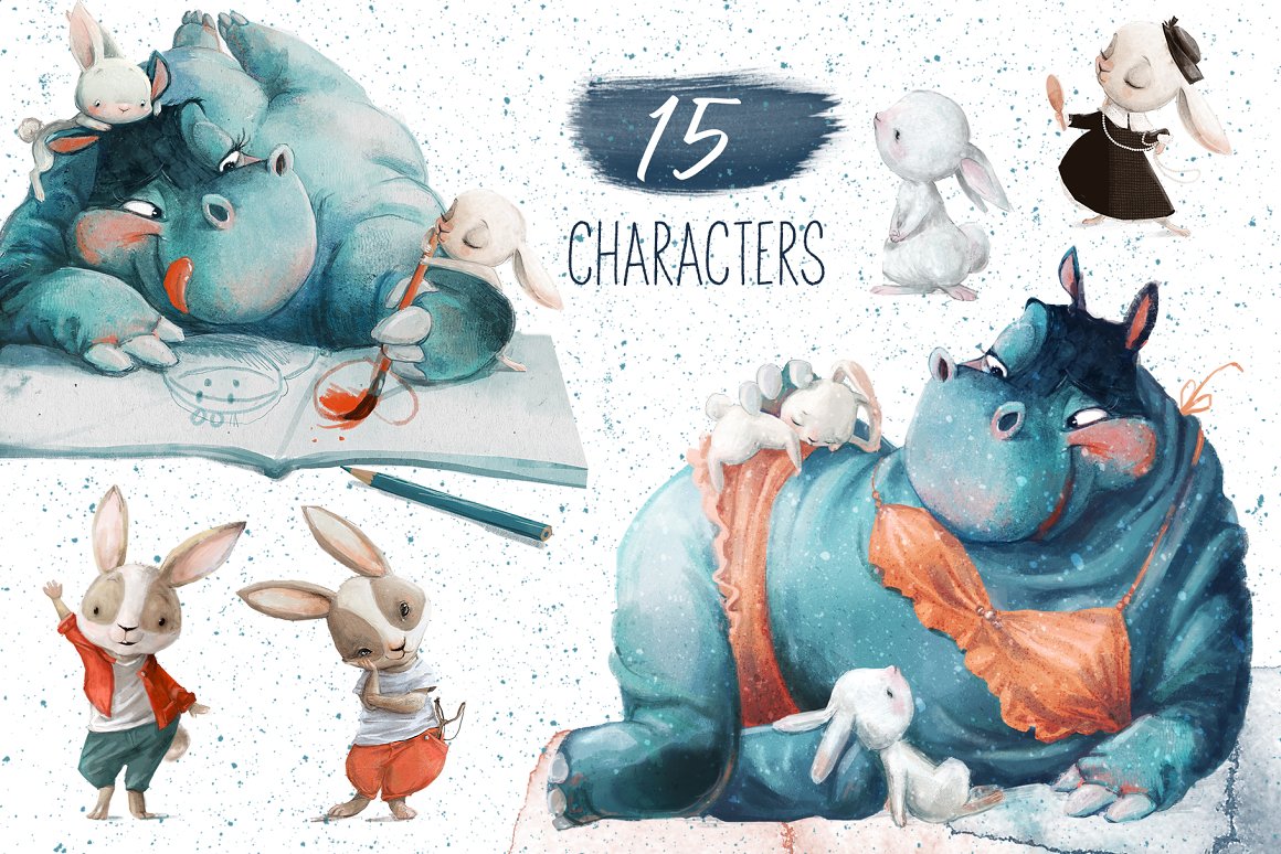 Lettering "15 Characters" and different animals illustrations on a white background with blue grain.