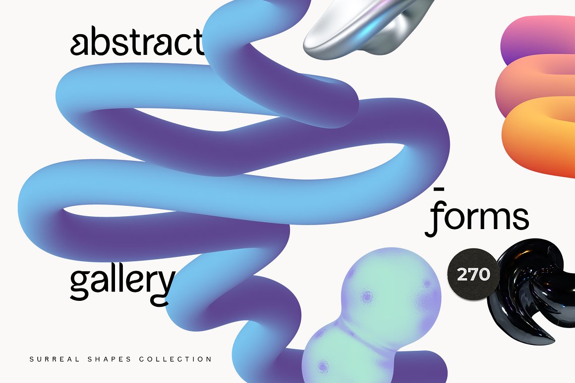 Lettering "Abstract Gallety Forms" and blue 3d abstract shape.