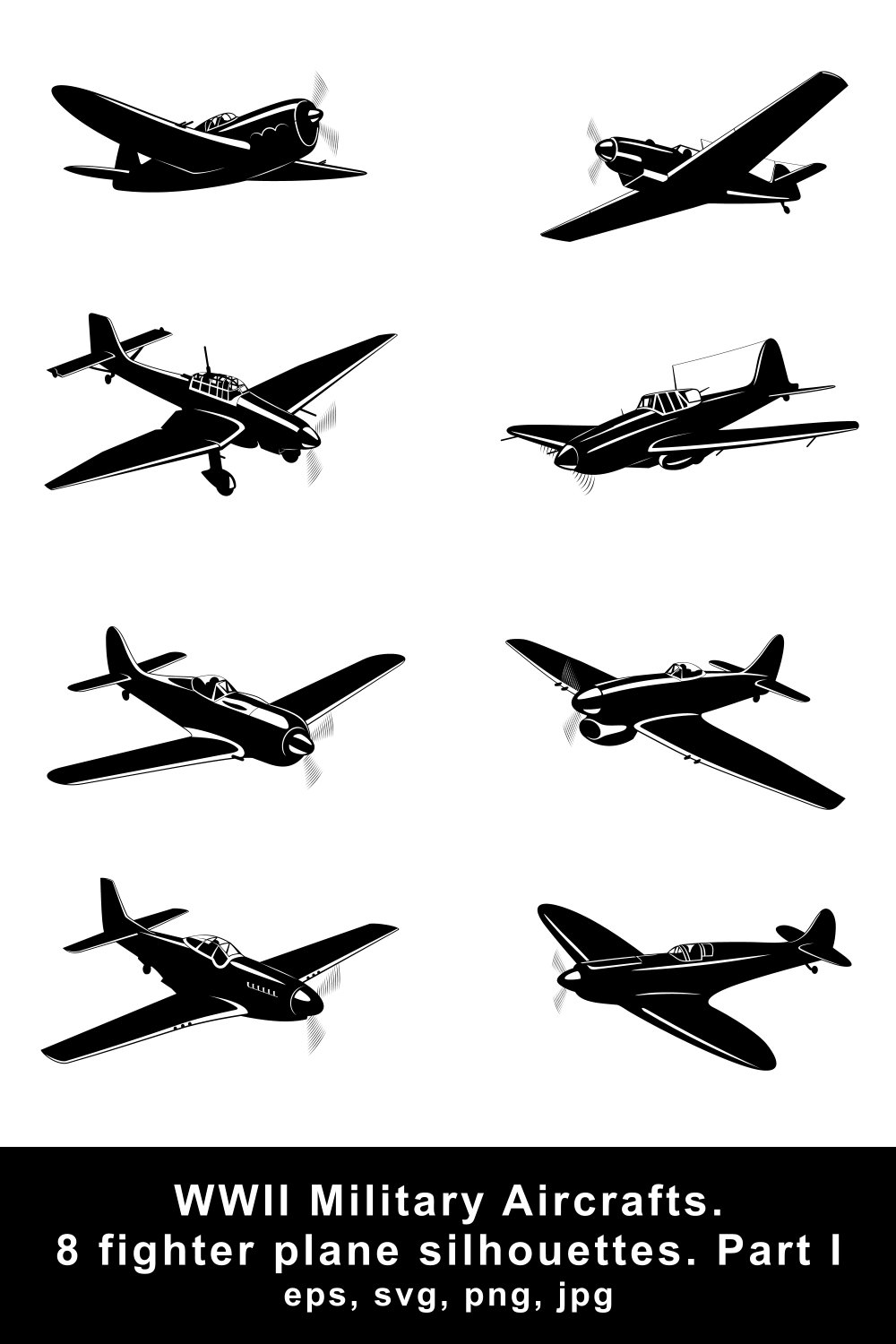 WWII Aircrafts Fighter Planes Silhouettes Design pinterest image.