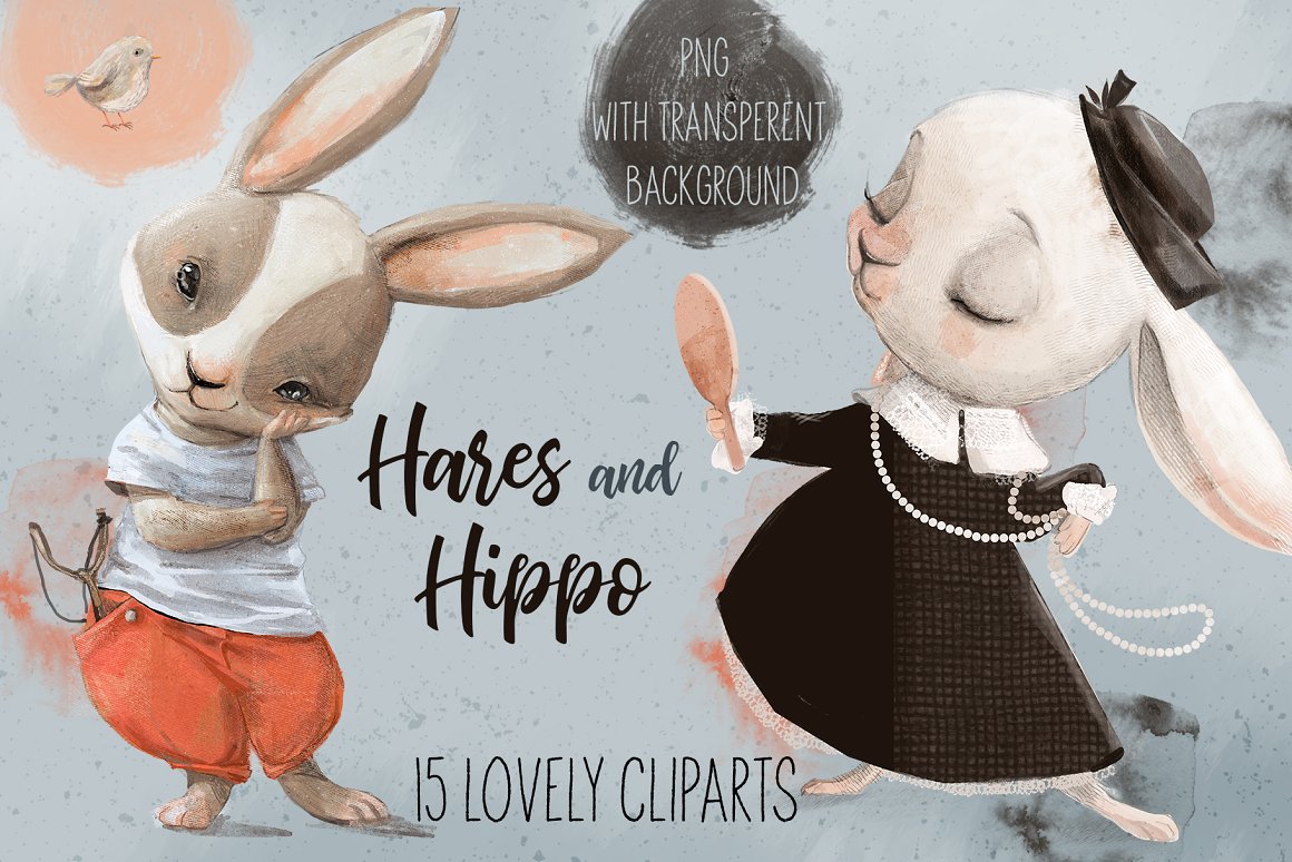 Black lettering "Hares And Hippo" and illustrations of animals on a gray background.
