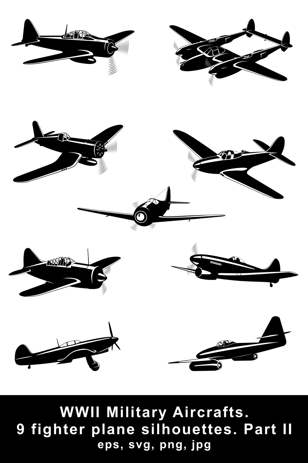 Fighter Planes WWII Aircrafts Silhouettes pinterest image.