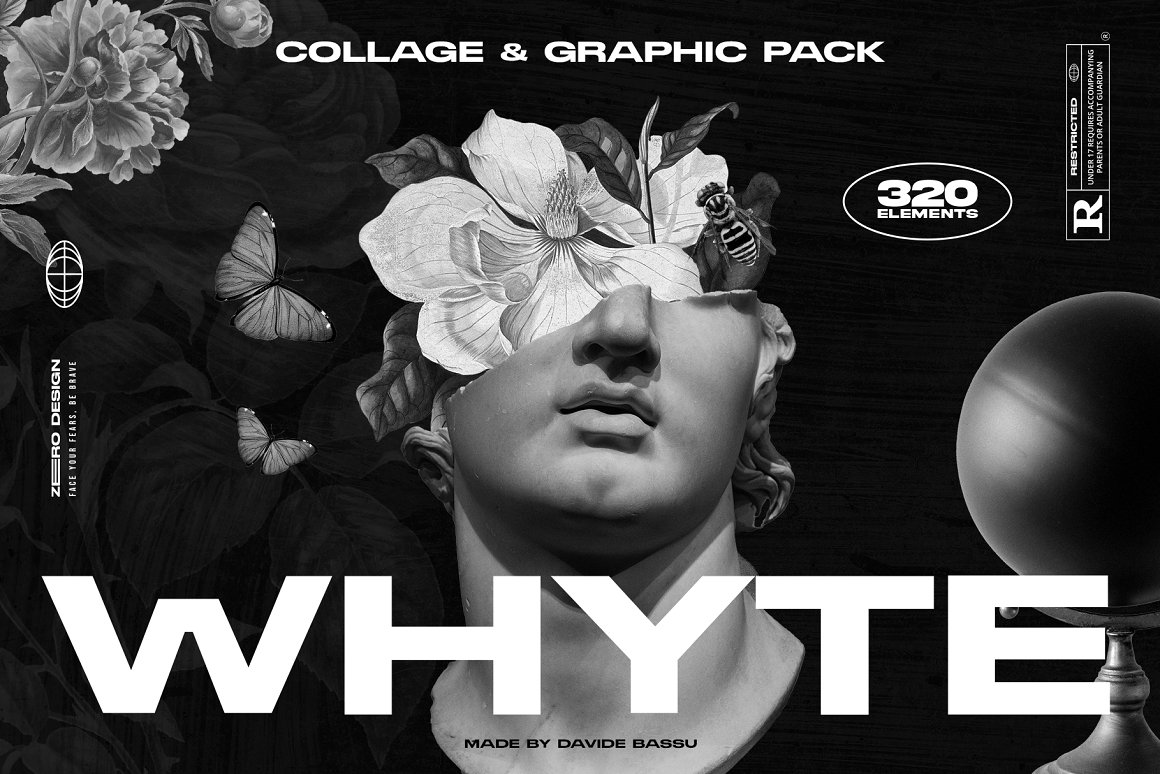 White lettering "Whyte Collage & Graphics Pack" and illustration of sculpture on a black background.