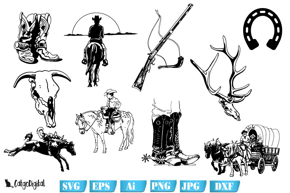Cowboy Clipart Silhouettes SVG PNG JPG DXF AI EPS Files.