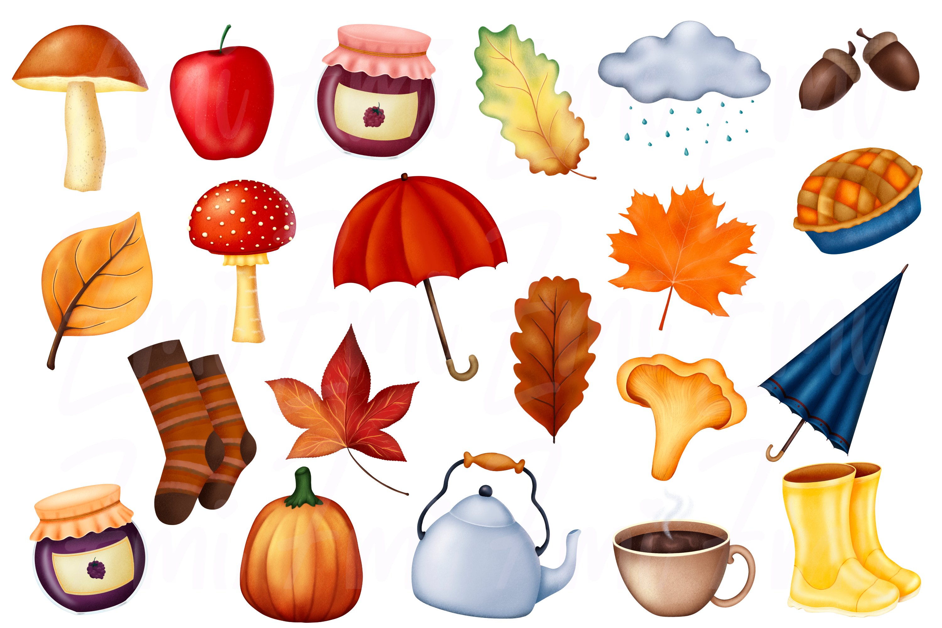 Clipart of colorful illustration of cozy autumn on a white background.