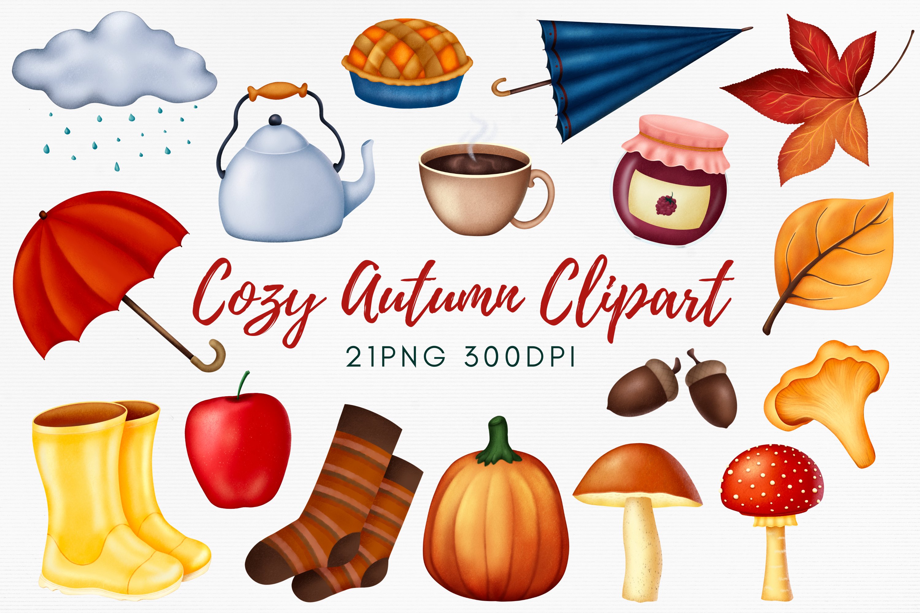 Red lettering "Cozy Autumn Clipart" and different illustrations on a gray background.