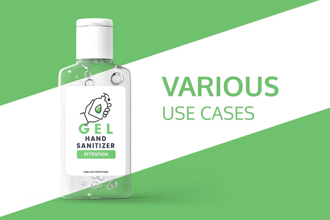 Hand gel sanitizer and green lettering "Various use cases" on a white and green background.