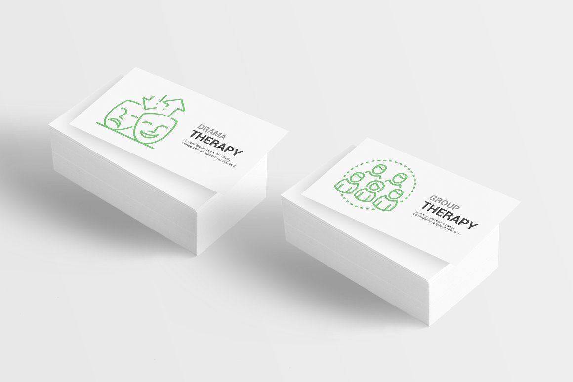 A lot of different white visiting cards with green icons and black lettering.