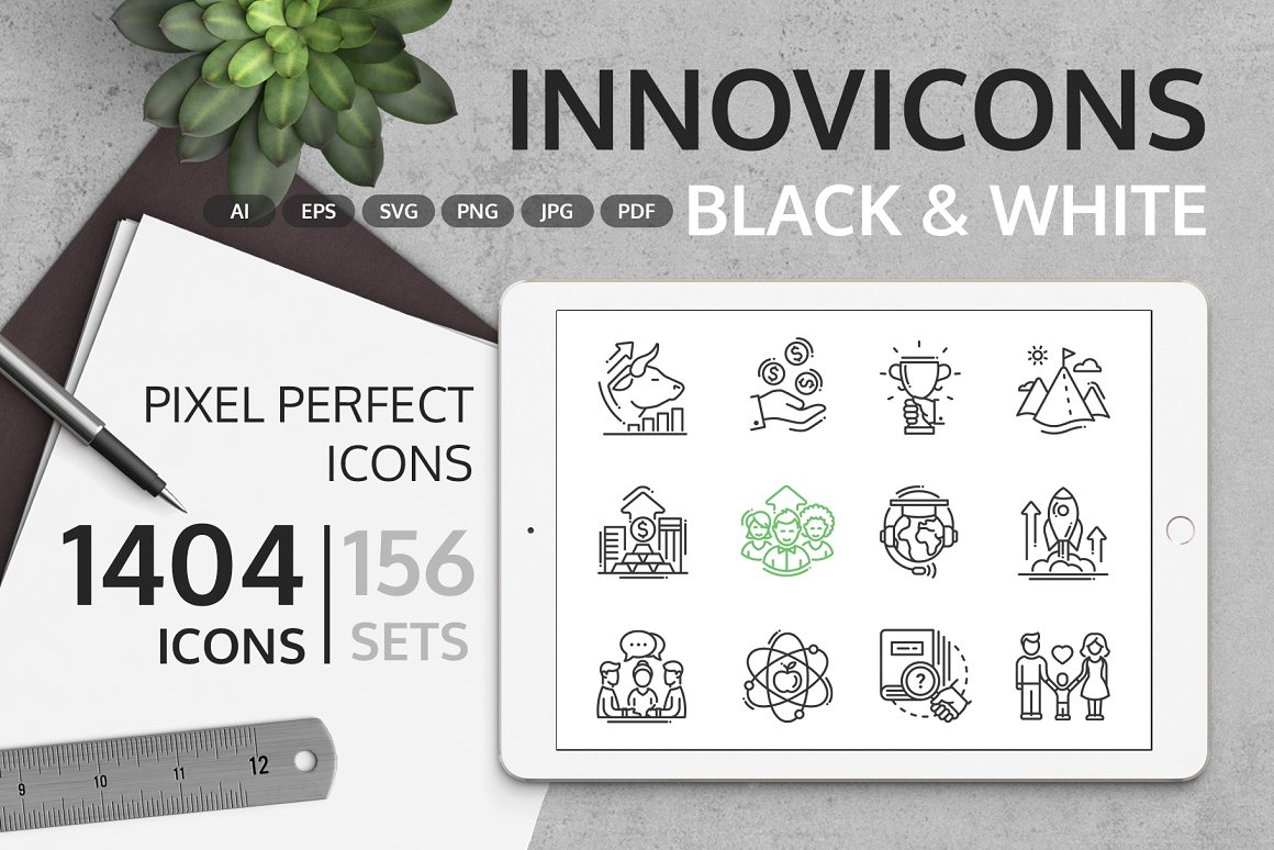 Black and white lettering "Innovicons Black & White" and mockup of ipad with 12 different icons.