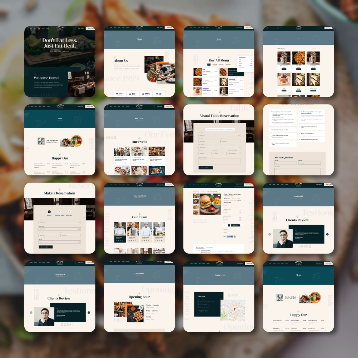 A set of gorgeous restaurant themed WordPress template pages.