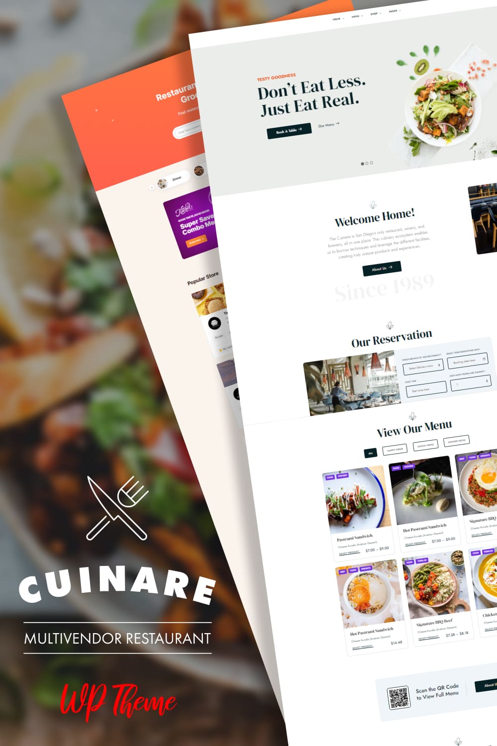 A selection of beautiful pages of the WordPress template on a restaurant theme.