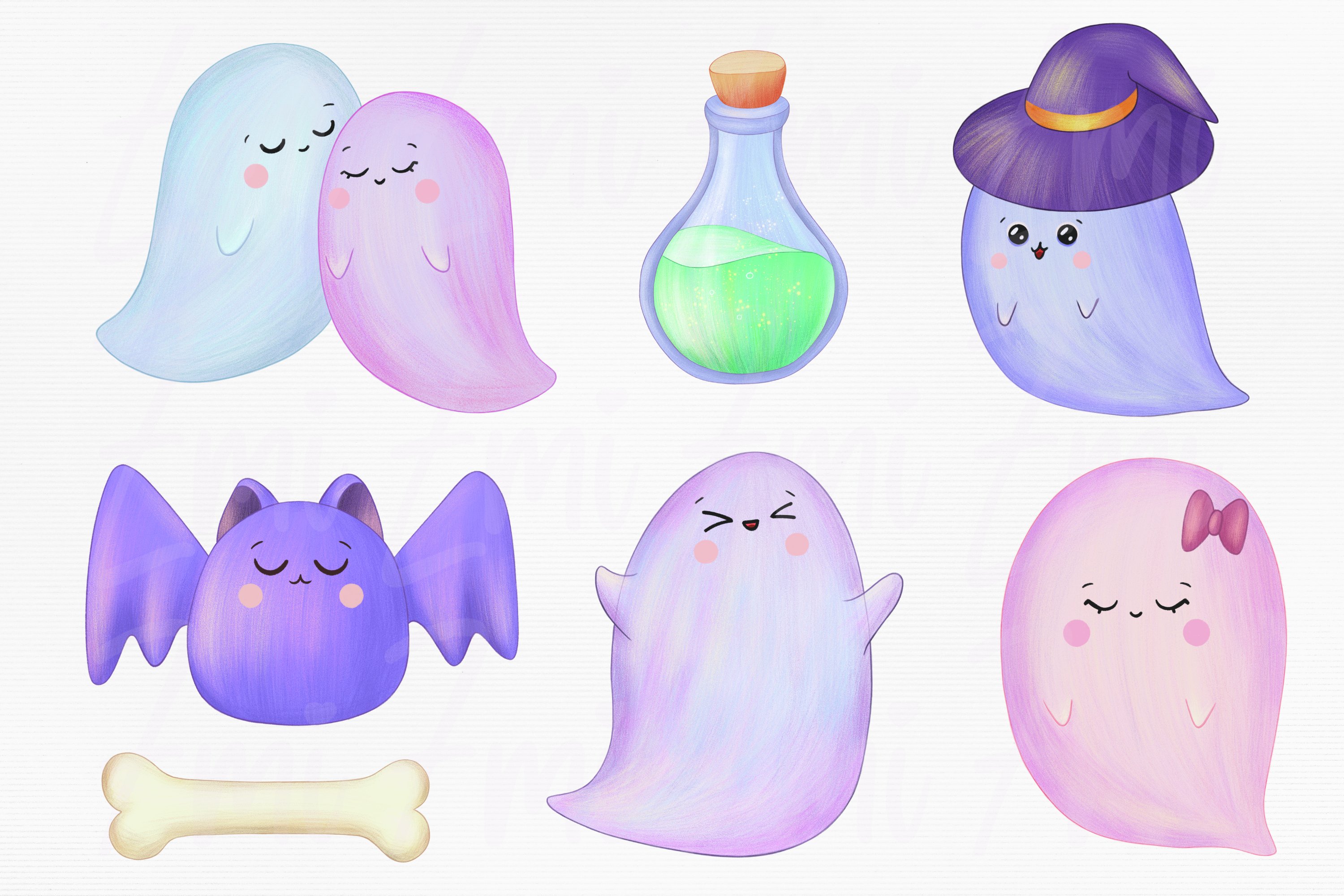 6 different cute halloween illustrations on a gray background.