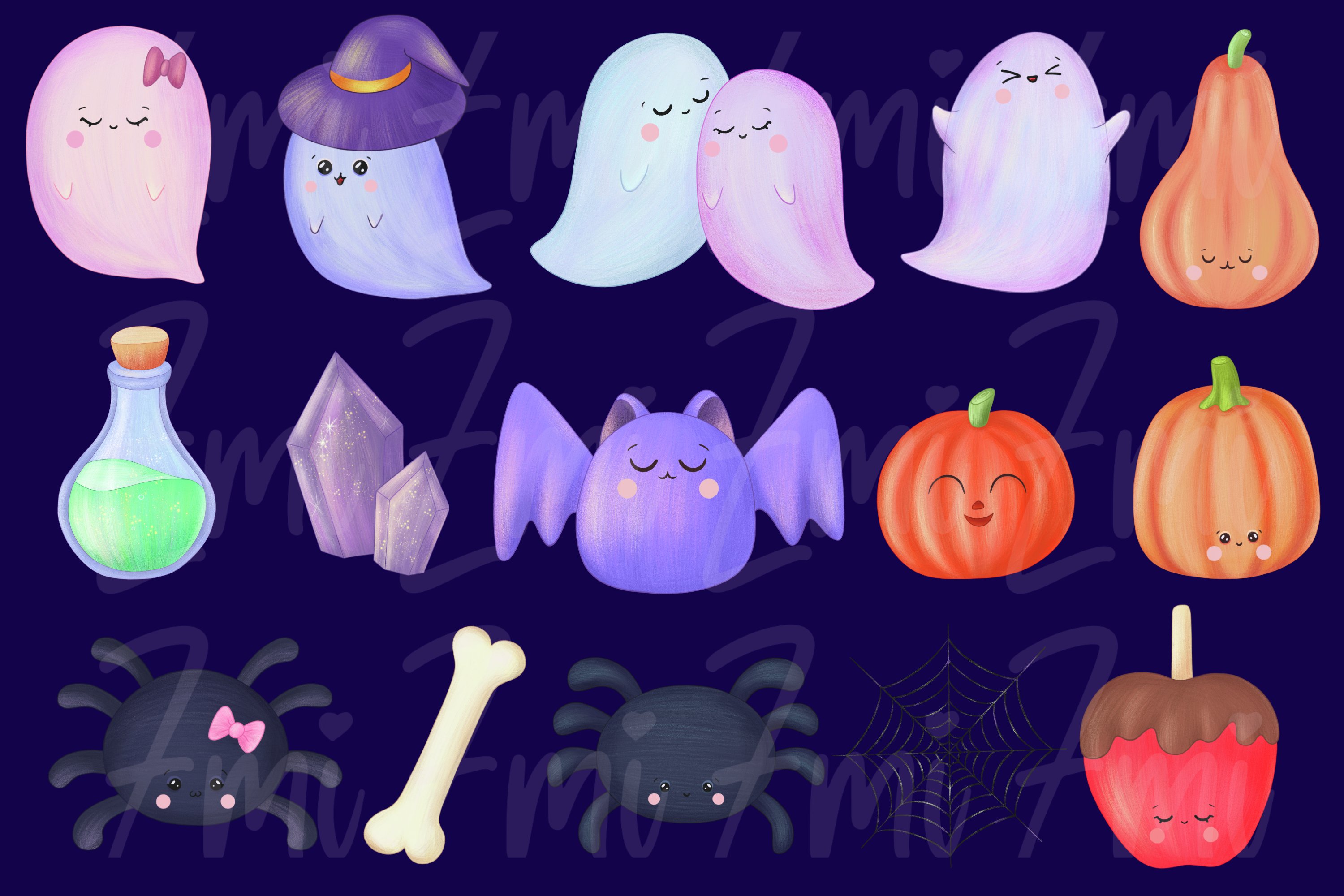 A set of colorful cute halloween illustrations on a blue background.