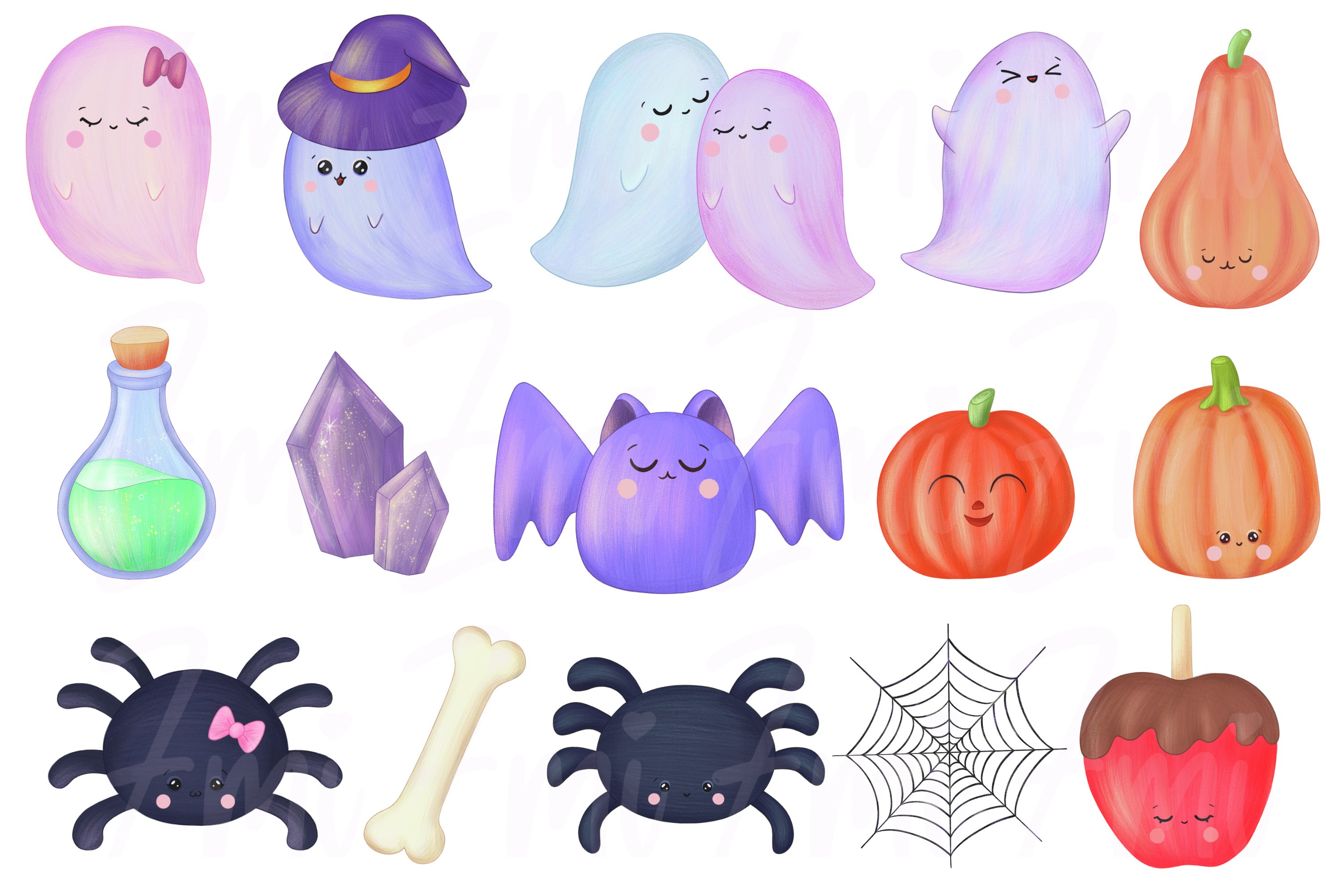 Bundle of colorful illustrations of cute halloween on a white background.