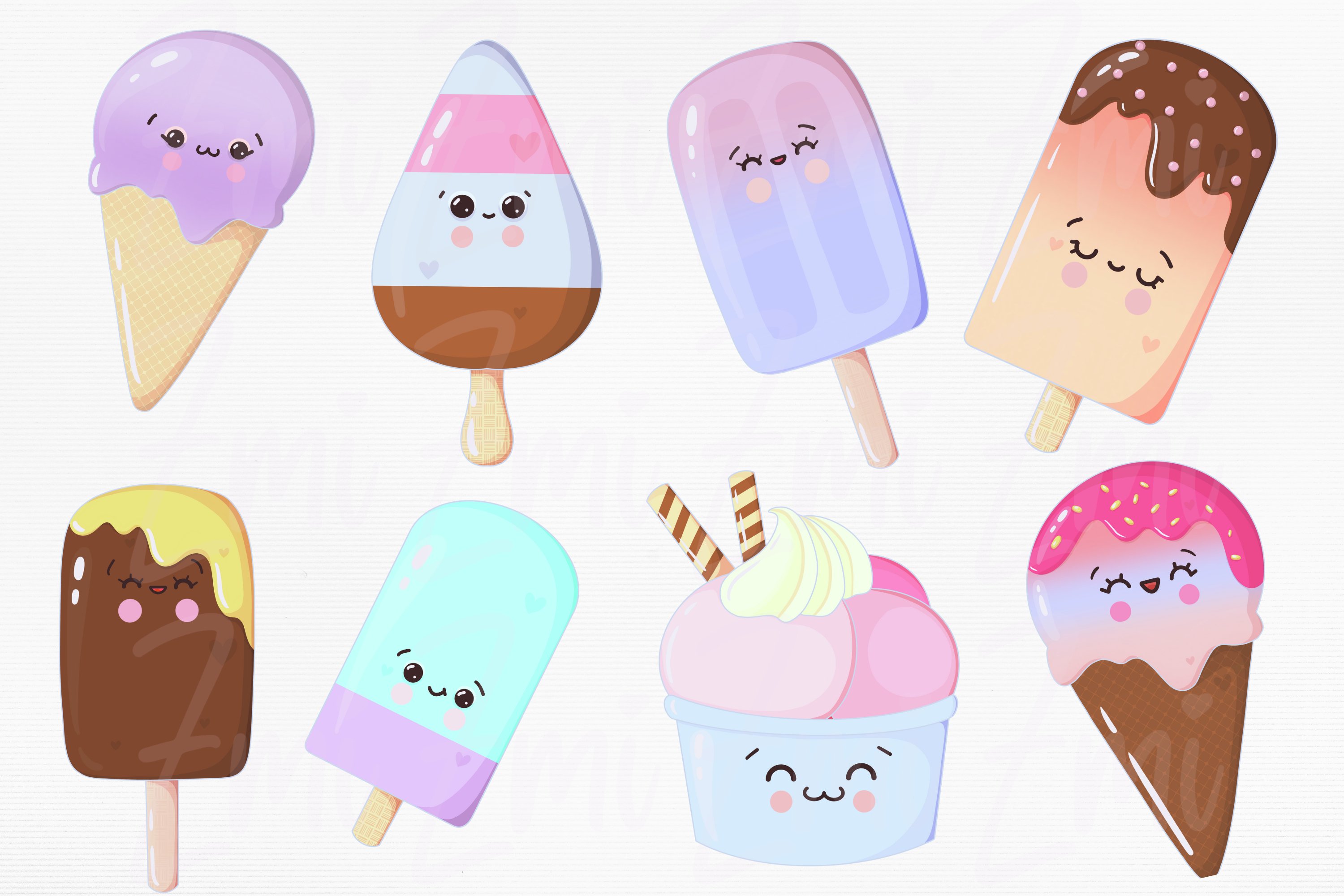 Kit of 8 colorful illustrations of cute ice cream on a gray background,