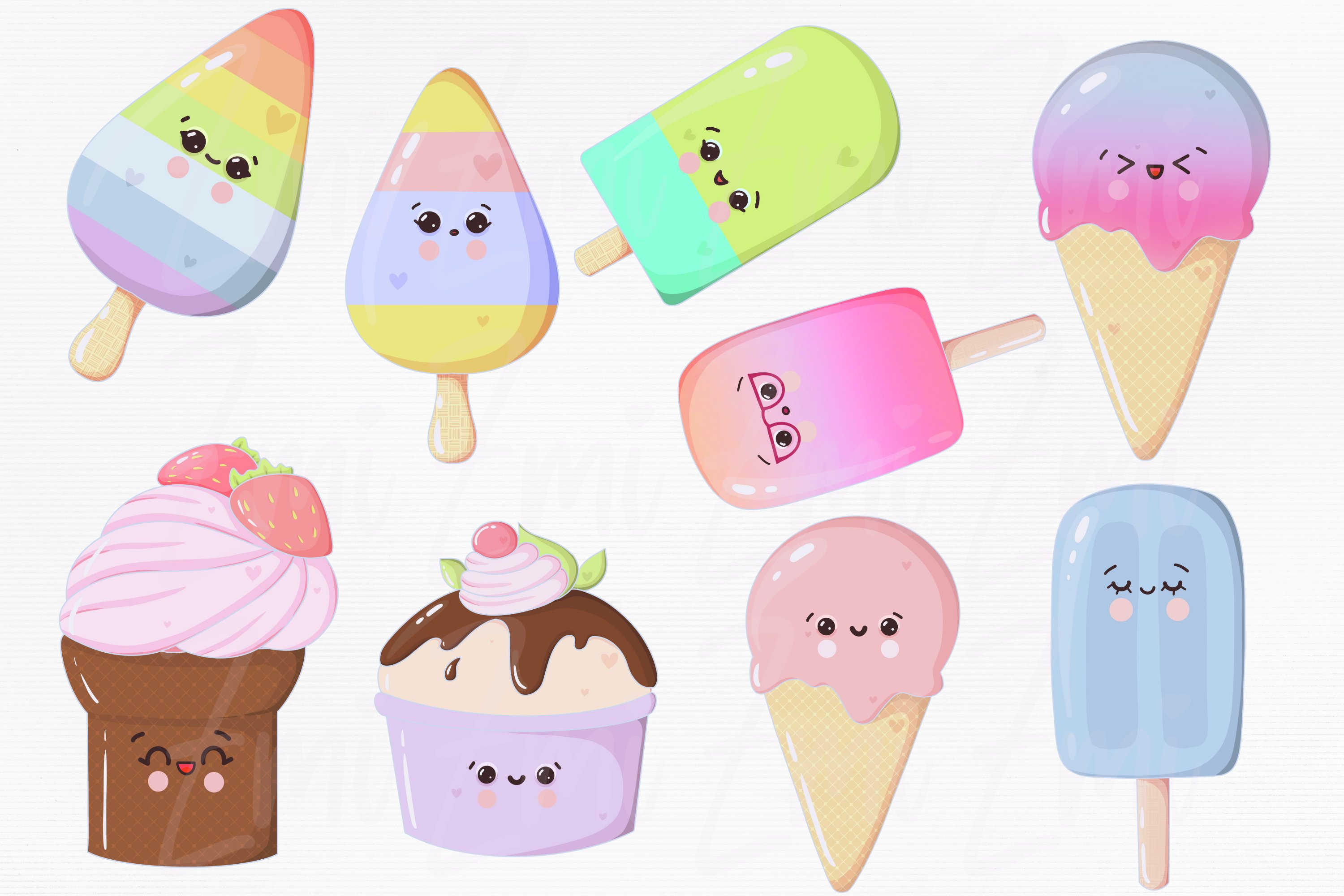 Colorful set of different cute ice cream illustrations on a gray background.