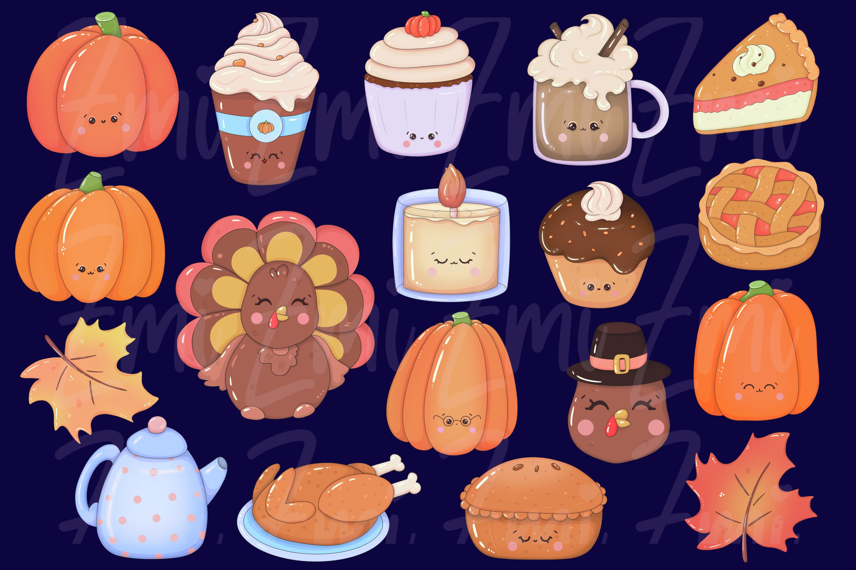 Colorful set of cute kawaii autumn illustrations on a blue background.