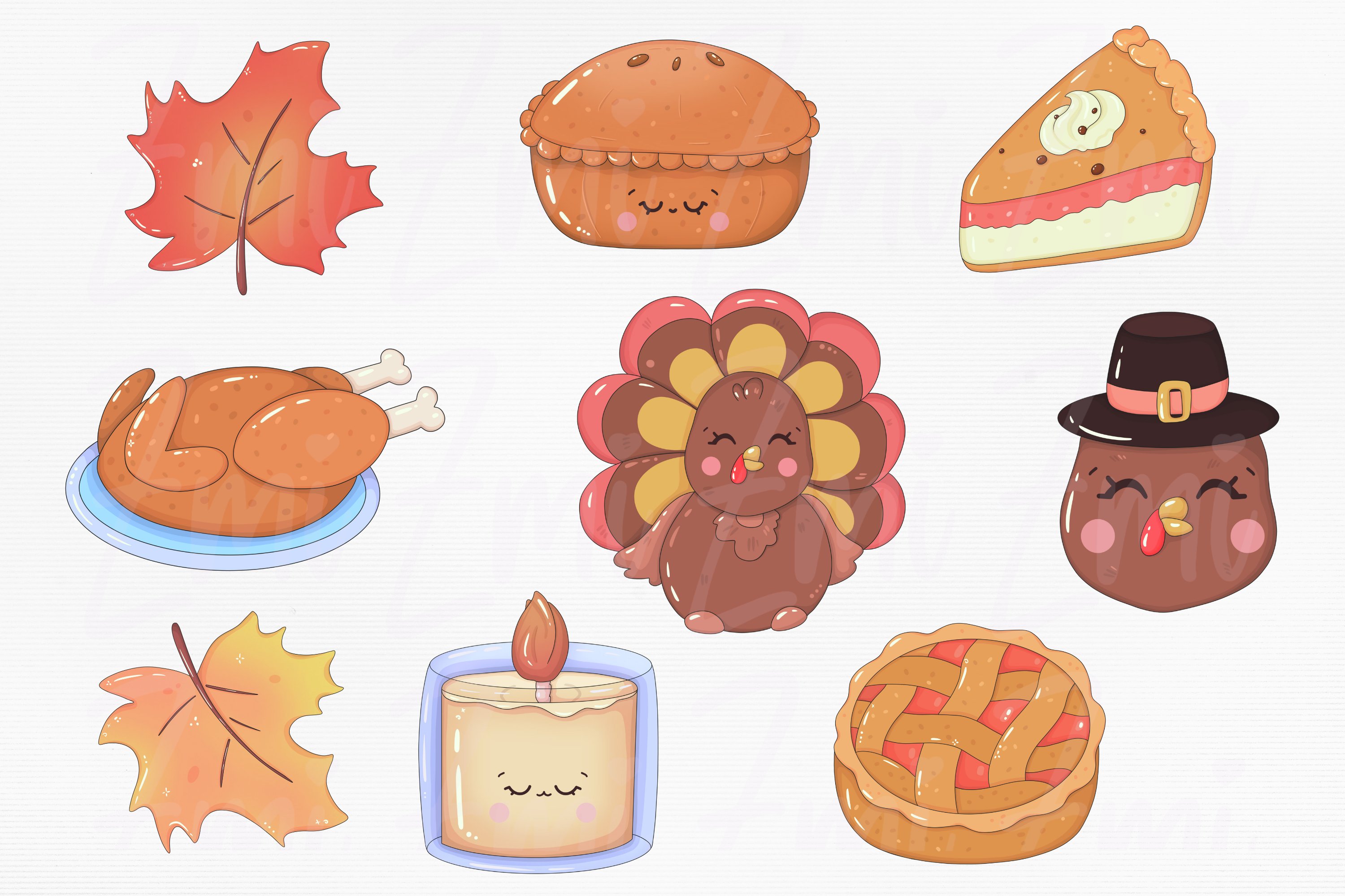 Clipart of 9 different cute kawaii thanksgiving illustrations on a gray background.