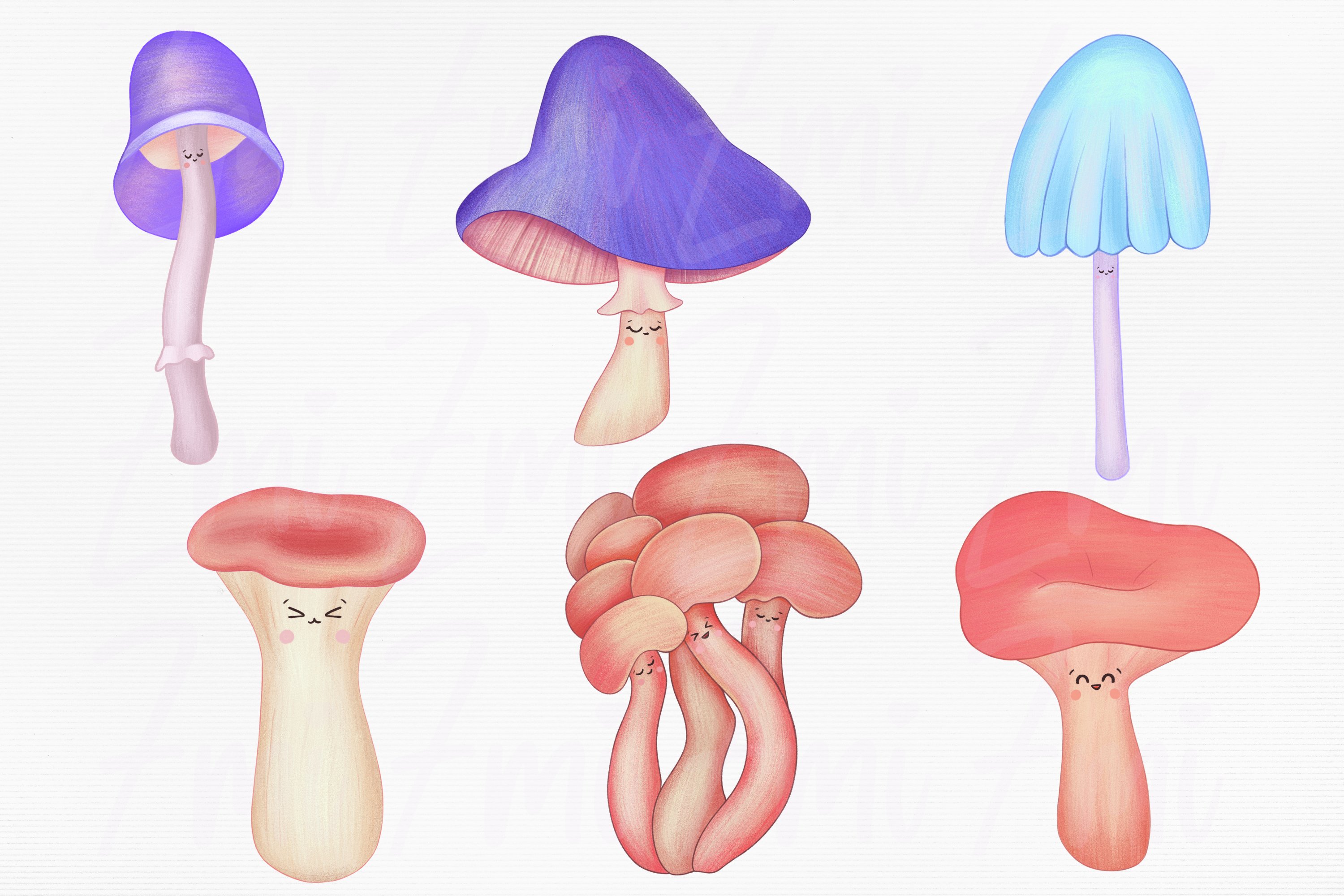 Colorful clipart of 6 cute mushrooms on a gray background.