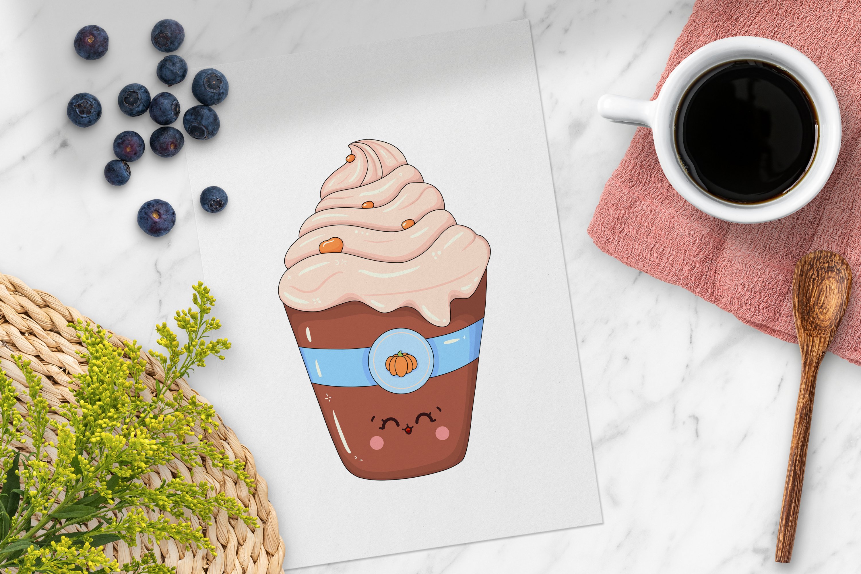 Illustration of cute ice cream on the white sheet on a marble background.