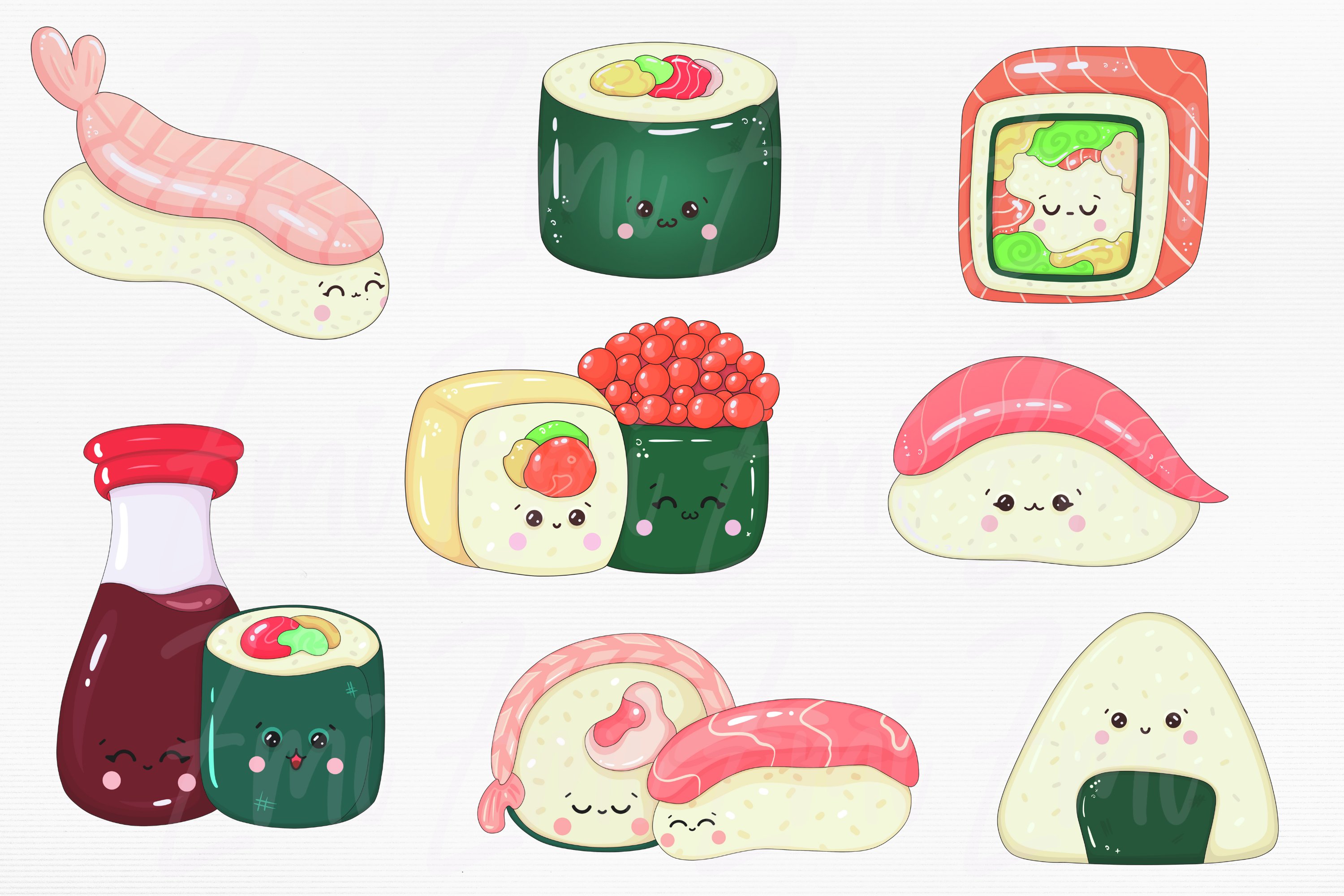 A set of 8 cute sushi illustrations on a gray background.