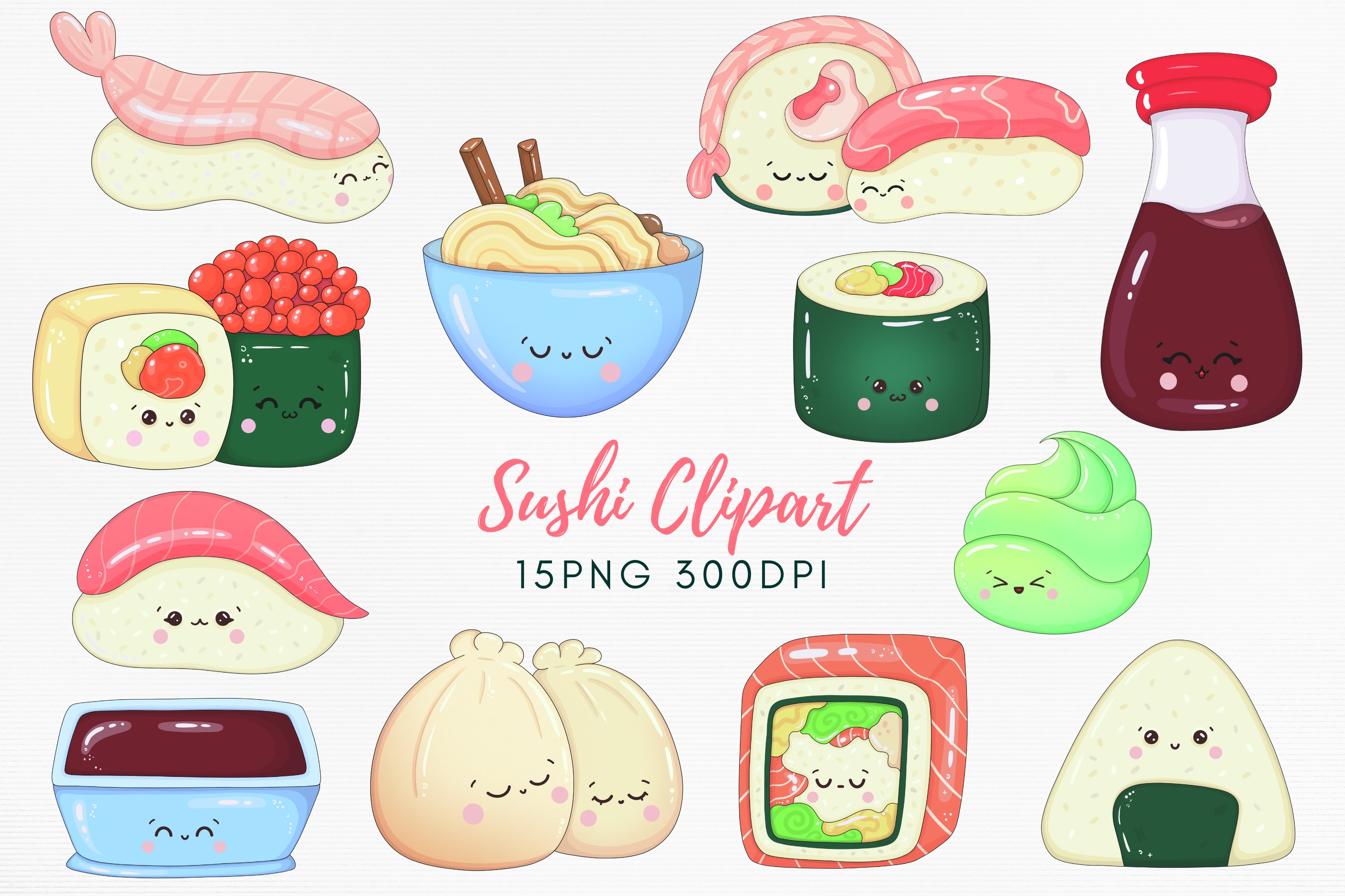 Pink lettering "Sushi Clipart" and different colorful illustrations on a gray background.