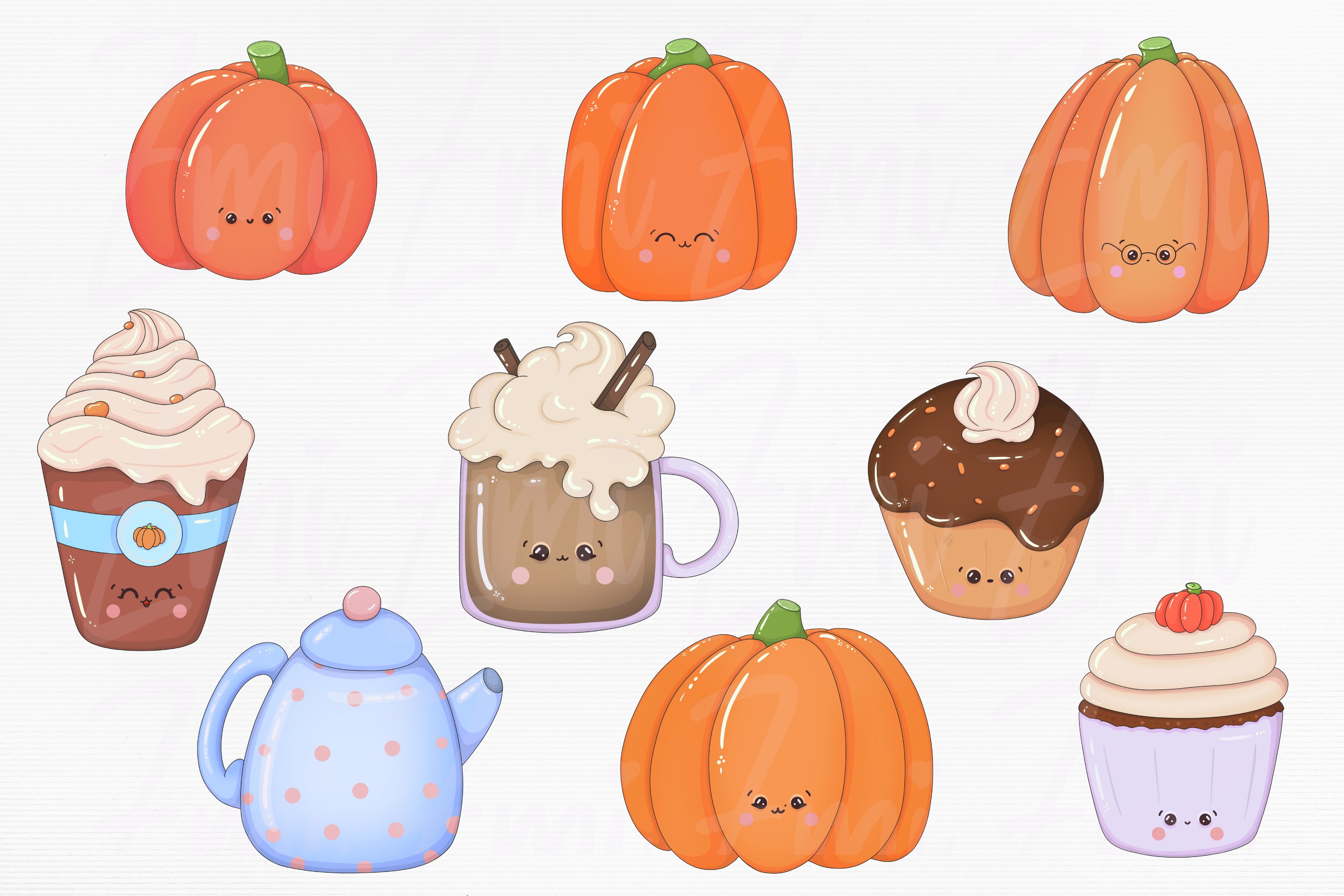 9 different illustrations of cute thanksgiving on a gray background.