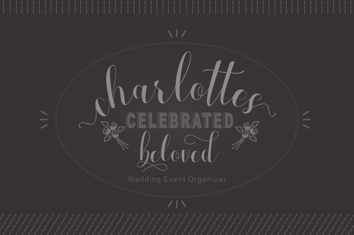 Gray lettering "Charlottes Celebrated Beloved" on a dark gray background.