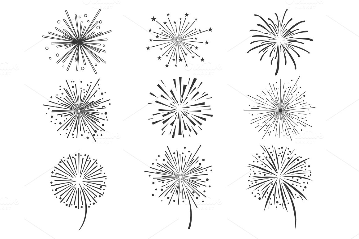A set of 9 different black brightly celebration fireworks on a white background.