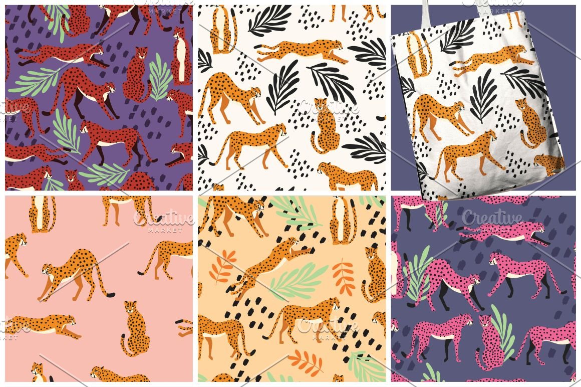 Bundle of 6 different colorful patterns with cheetahs and shopping bag.