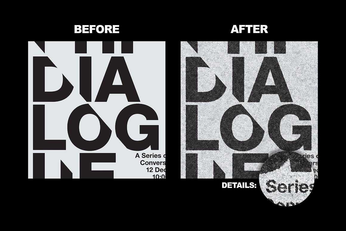 Image of black lettering on a gray background in before and after on a black background.
