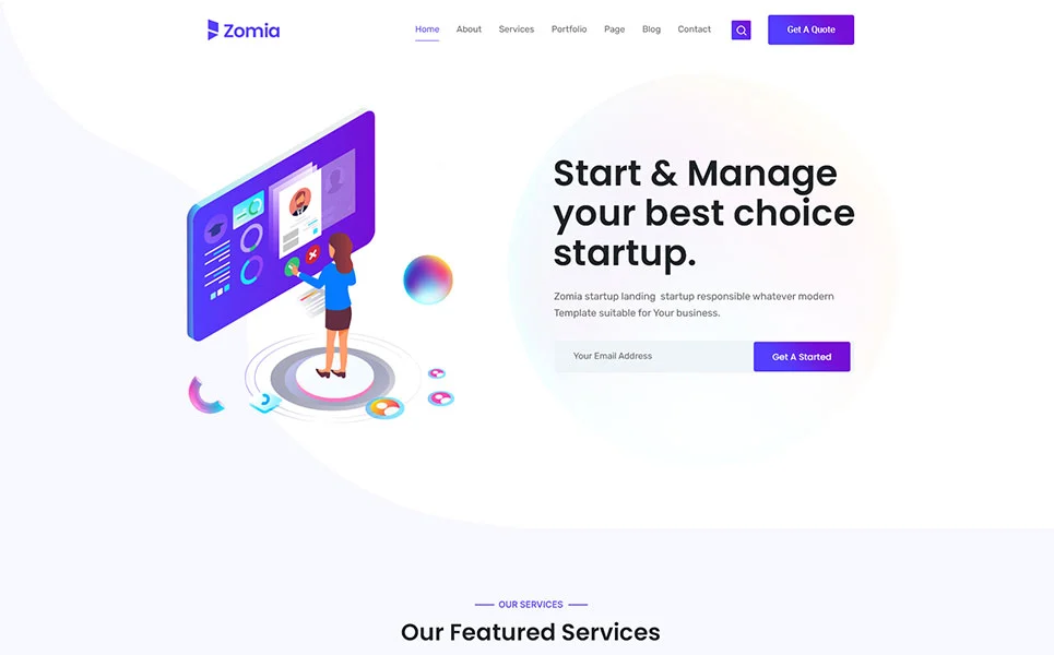 Minimalist template of homepage of zomia multi-purpose wordpress theme for saas startup.