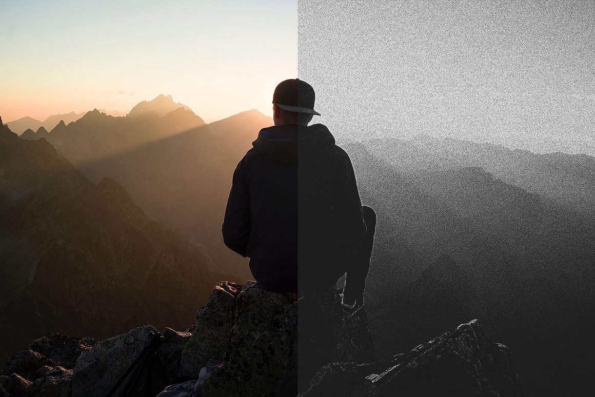 Photo of a man on the mountains and this photo in film grain photo effect.