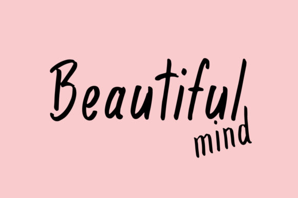 Black "Beautiful mind" lettering in script font on a pink background.