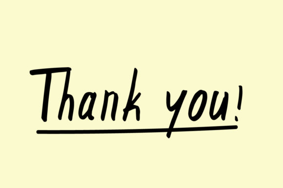 Black lettering "Thank you" in deisy script font on a beige background.