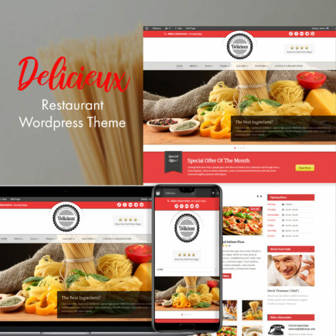 Image page of amazing restaurant themed wordpress template on different devices.