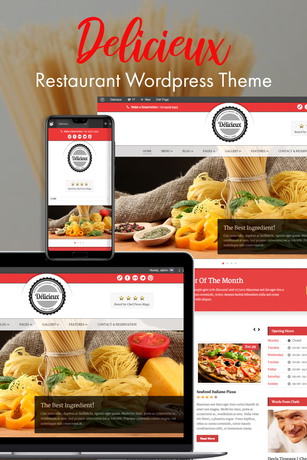 Page image of a colorful restaurant theme WordPress template on various devices.