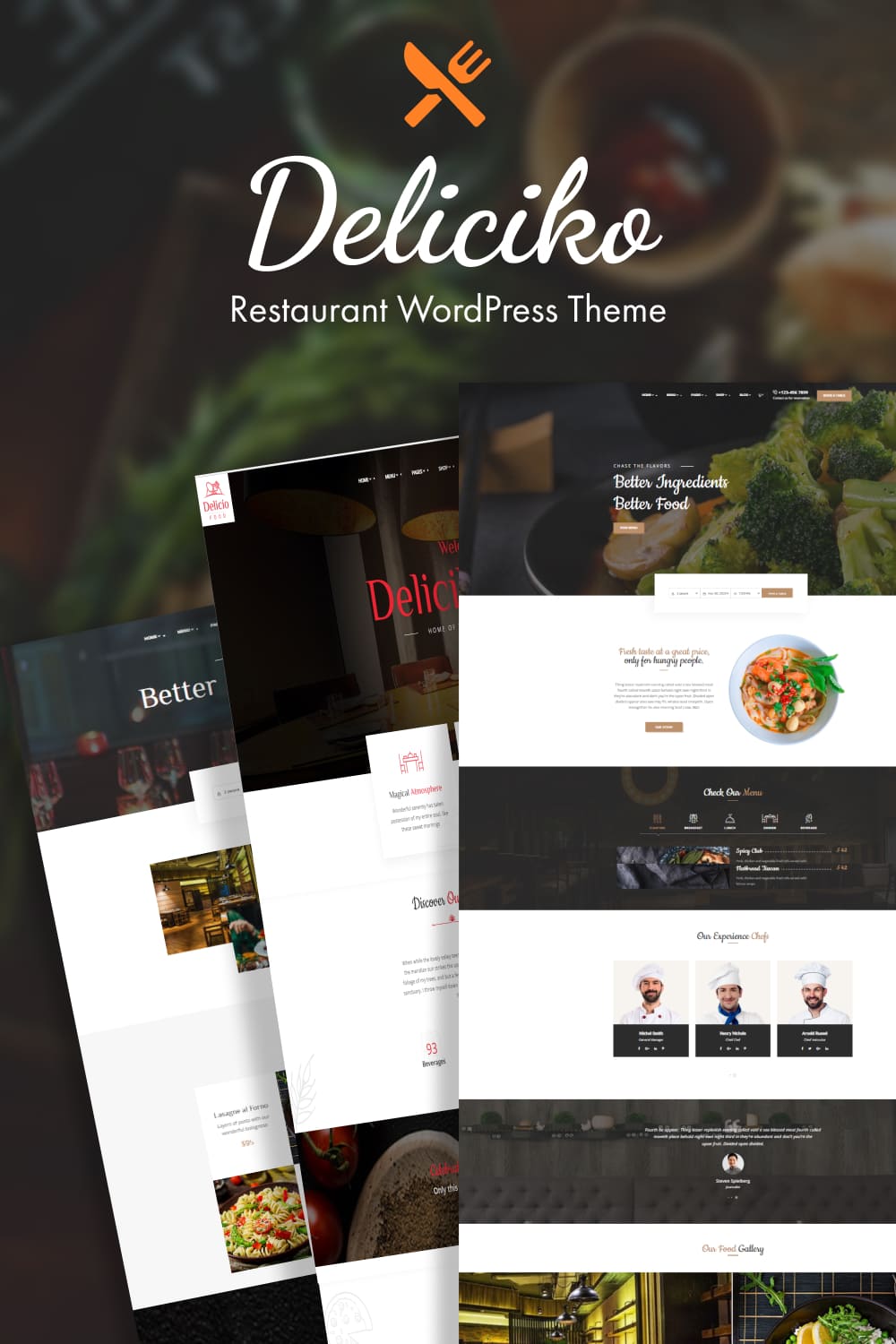 A pack of exquisite images of WordPress pages on a restaurant theme.