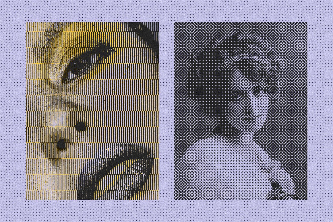 2 halftone picture of portrait of a girl on a light blue background.