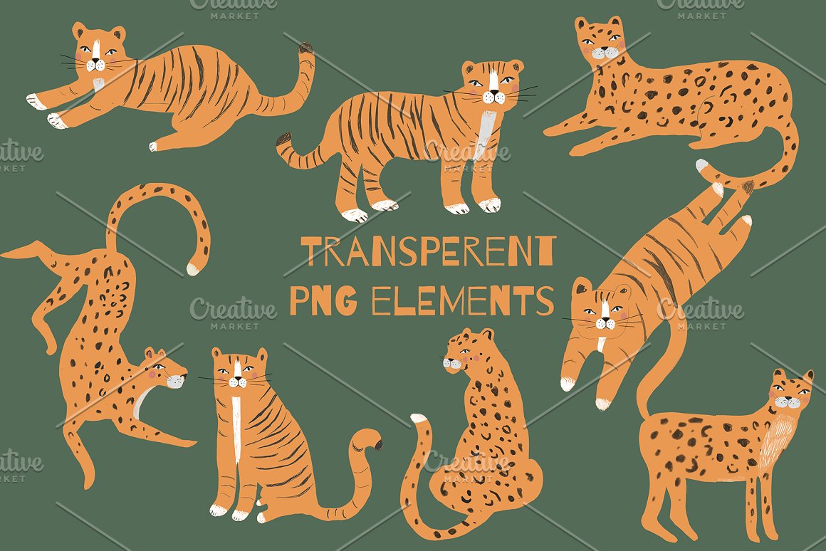 Collection of different illustrations of a tiger on a green background.
