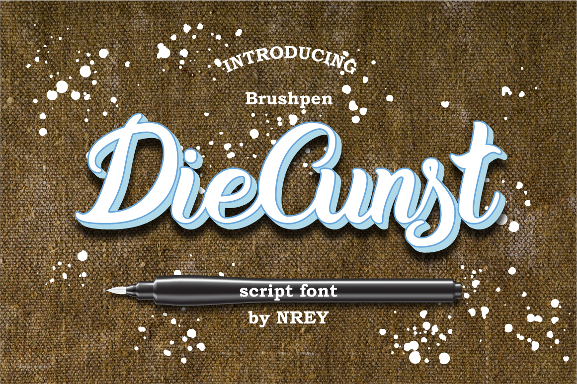 White with blue stroke lettering "DieCunst" on the brown background.